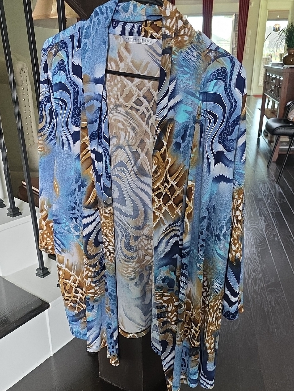 Peter Nygard Blue and Brown Open Front Long Cardigan